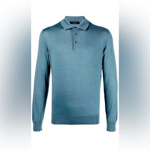 NWT Ermemegildo Zegna Medium Blue Casheta Knit Long-Sleeve Polo 52/L $1290.00